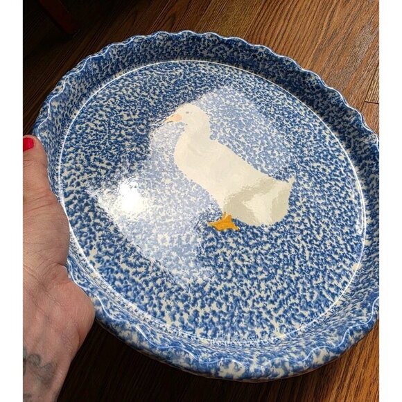Vtg Ovenware Duck Blue White Spongeware Tart Plate Dish 11.75" Round Grandmacore - Picture 3 of 7